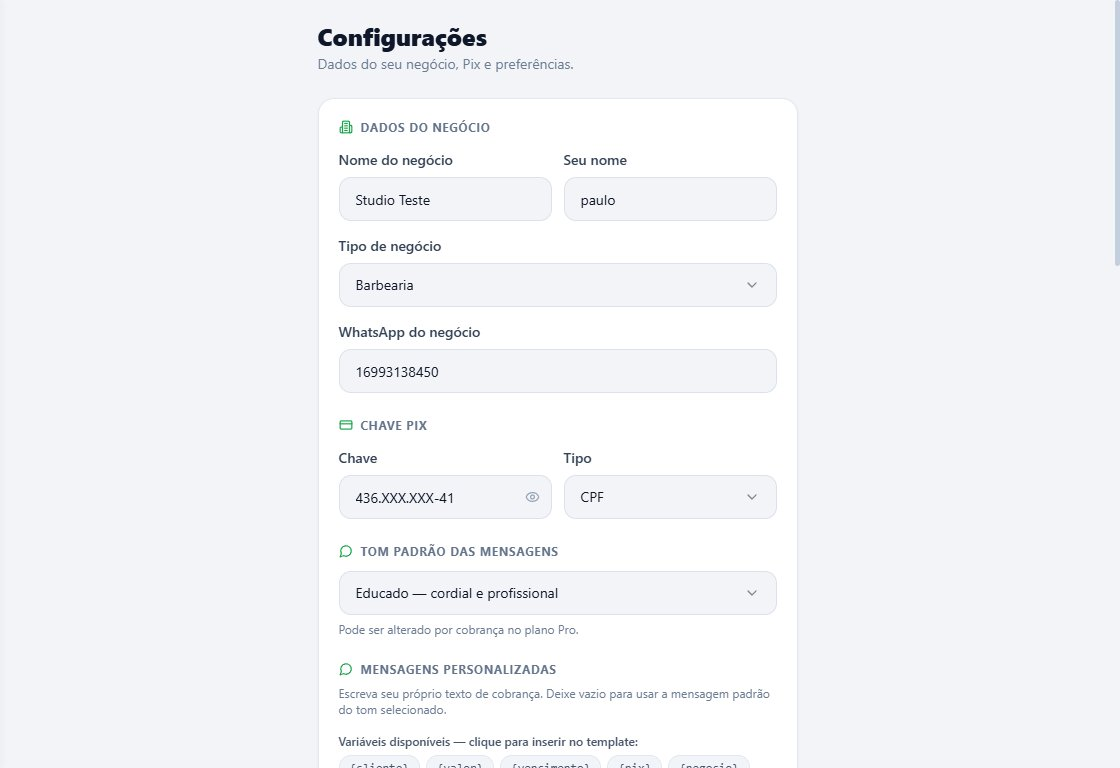 Tela de configurações do RecebeZap com chave Pix, WhatsApp e dados do negócio